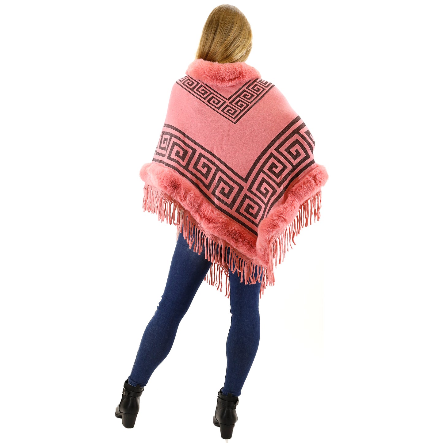 Monogram Pattern Fur Fringed Poncho P195 (12PC)
