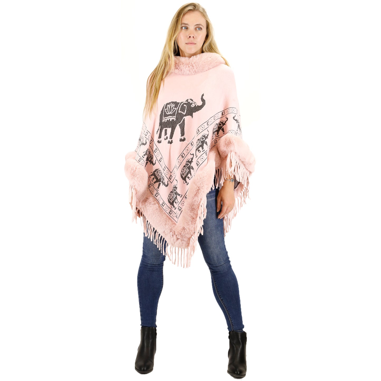 Elephant Pattern Fur Fringed Poncho P191 (12PC)