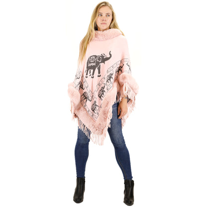 Elephant Pattern Fur Fringed Poncho P191 (12PC)