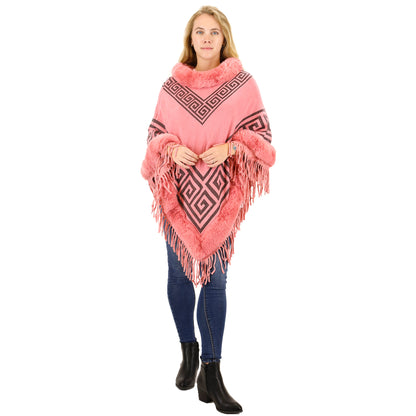 Monogram Pattern Fur Fringed Poncho P195 (12PC)