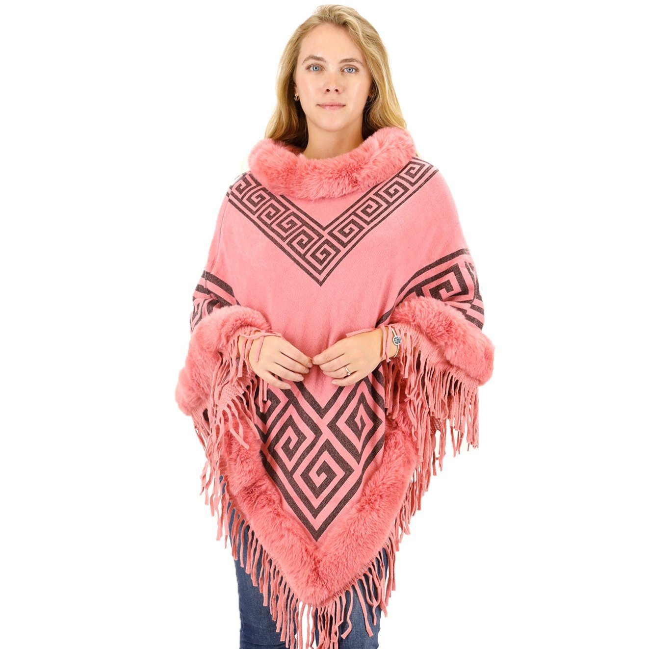 Monogram Pattern Fur Fringed Poncho P195 (12PC)