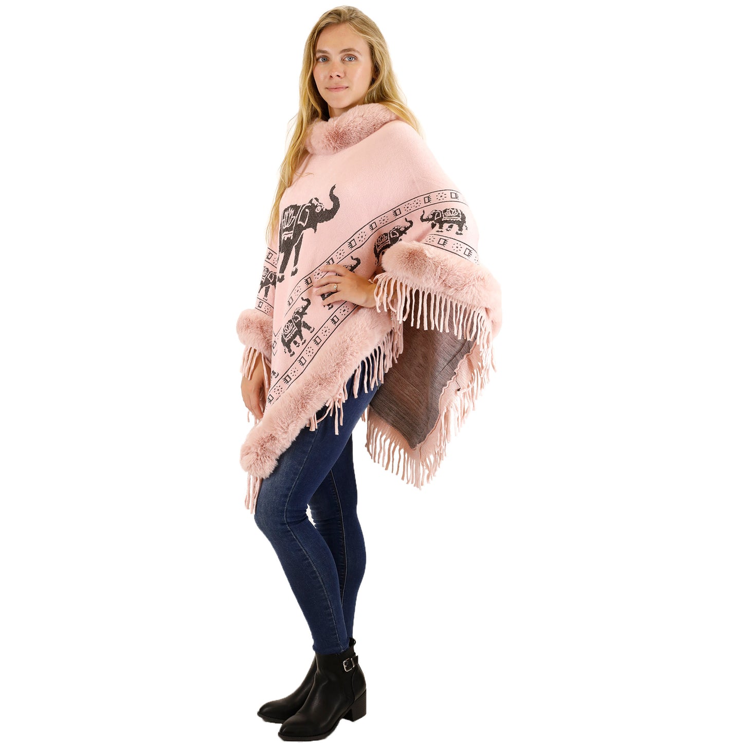 Elephant Pattern Fur Fringed Poncho P191 (12PC)