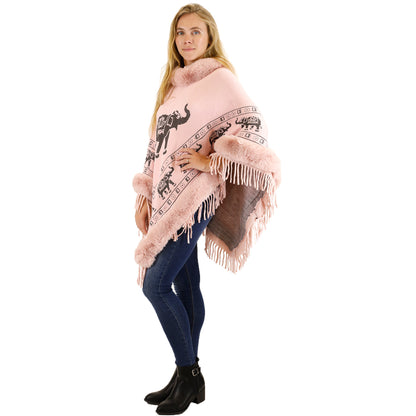Elephant Pattern Fur Fringed Poncho P191 (12PC)