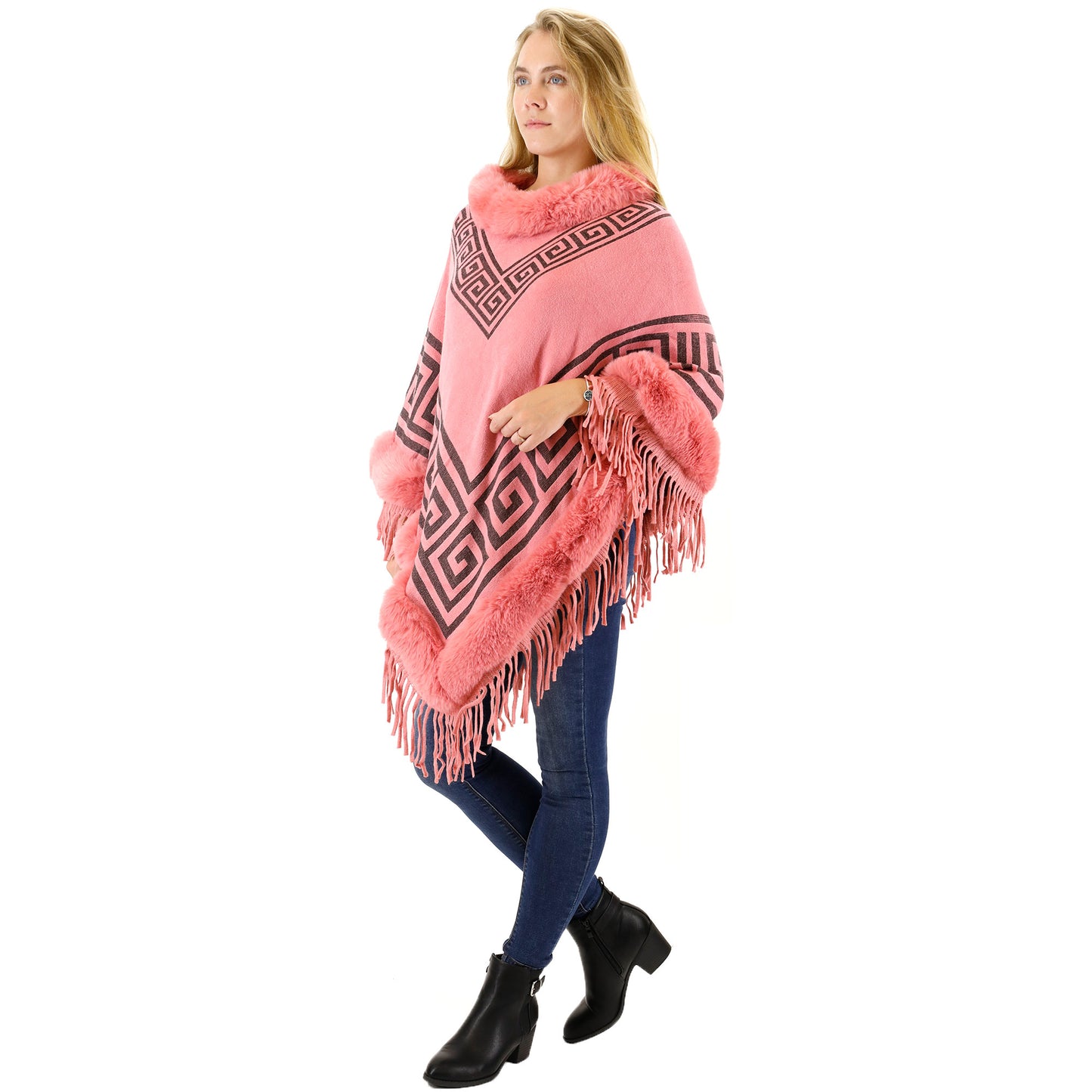 Monogram Pattern Fur Fringed Poncho P195 (12PC)