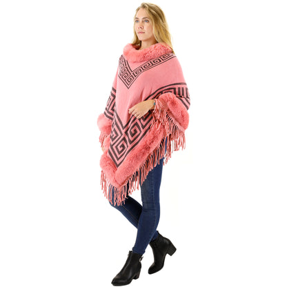 Monogram Pattern Fur Fringed Poncho P195 (12PC)