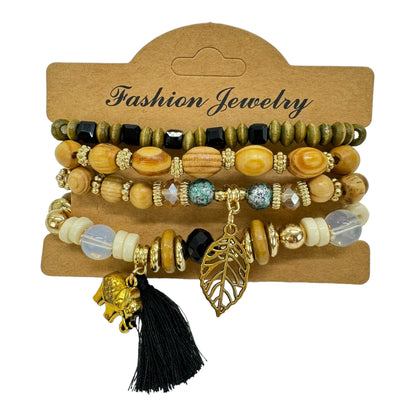 Natural Stone Leaf Elephant Charm Bracelet Set BR4228-6 (12PC)