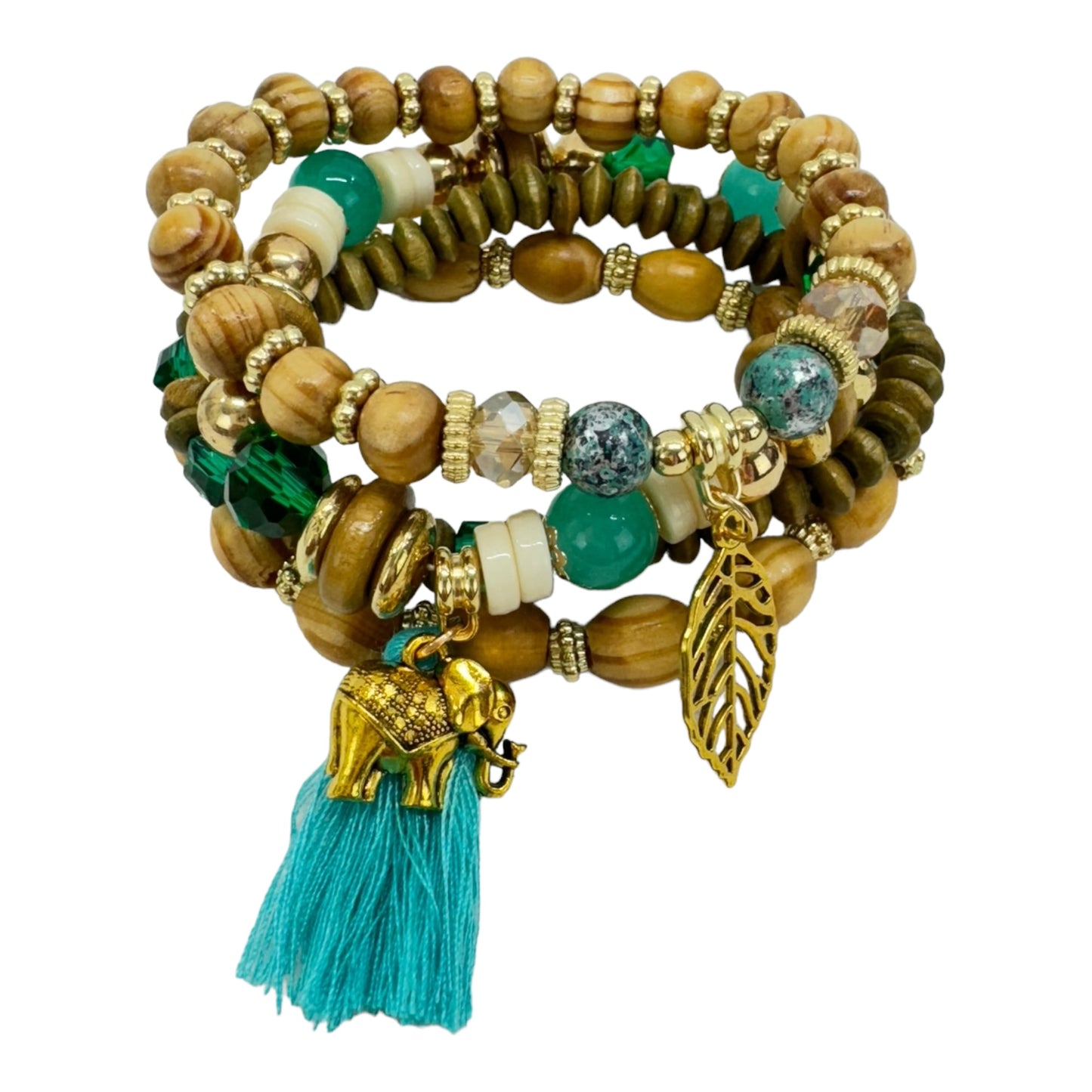Natural Stone Leaf Elephant Charm Bracelet Set BR4228-6 (12PC)
