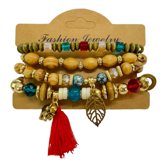 Natural Stone Leaf Elephant Charm Bracelet Set BR4228-6. (12PC)