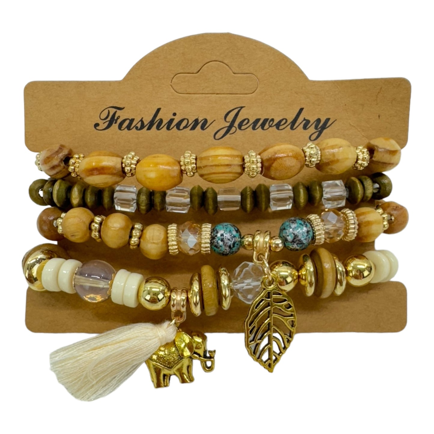 Natural Stone Leaf Elephant Charm Bracelet Set BR4228-6 (12PC)