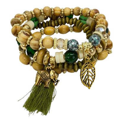 Natural Stone Leaf Elephant Charm Bracelet Set BR4228-6 (12PC)