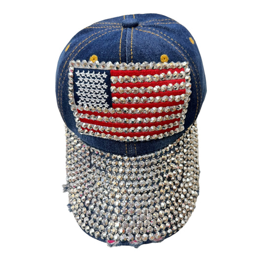 Custom American US Flag Logo USA Diamond Rhinestone Cap HA4418-3 (12PC)