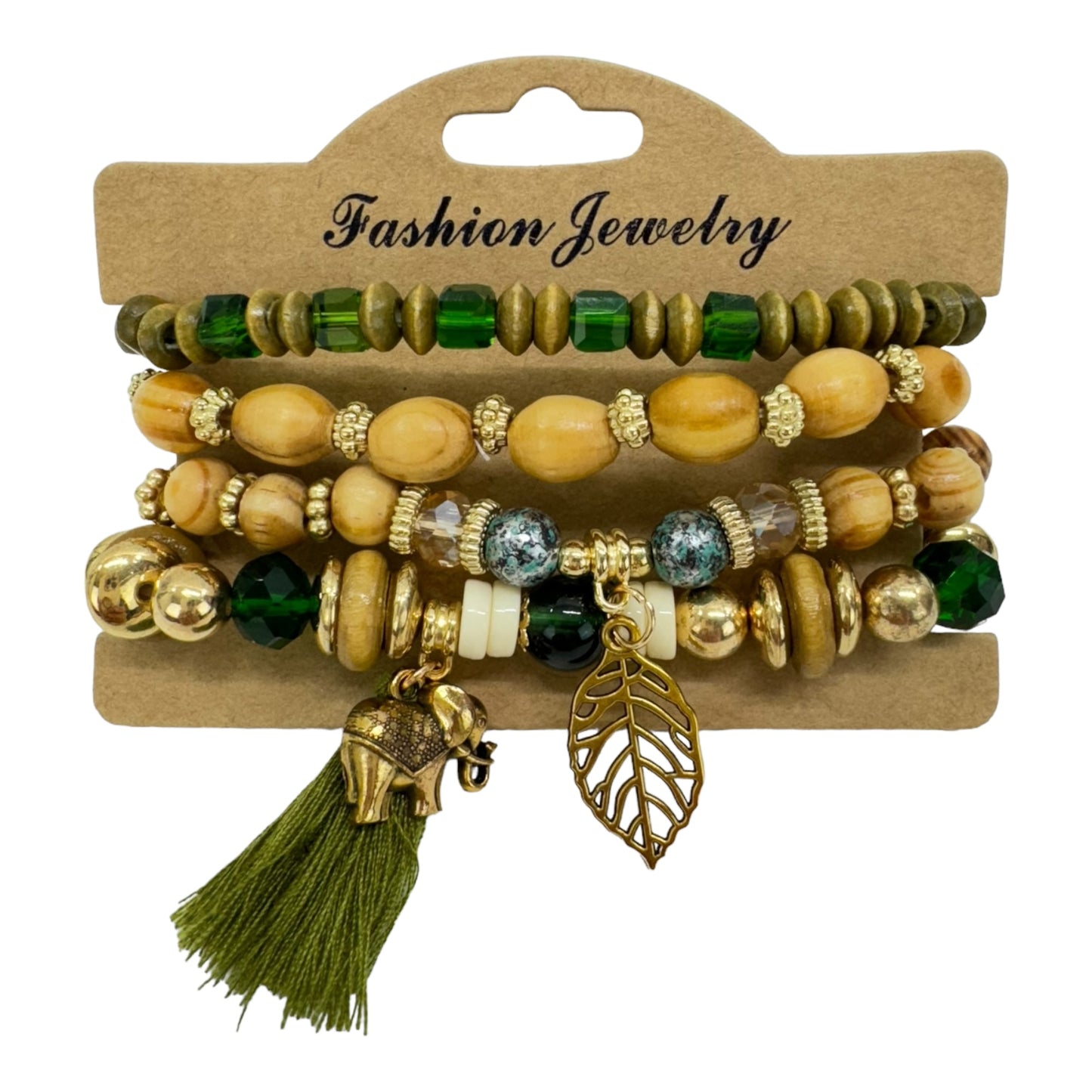 Natural Stone Leaf Elephant Charm Bracelet Set BR4228-6 (12PC)