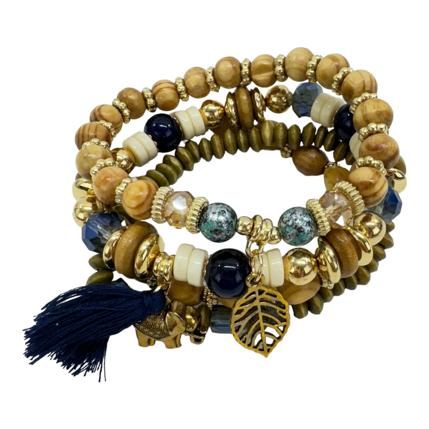 Natural Stone Leaf Elephant Charm Bracelet Set BR4228-6 (12PC)