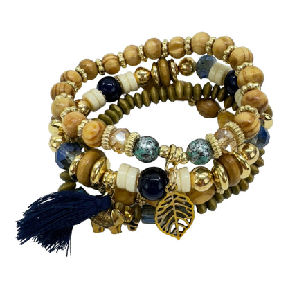 Natural Stone Leaf Elephant Charm Bracelet Set BR4228-6 (12PC)