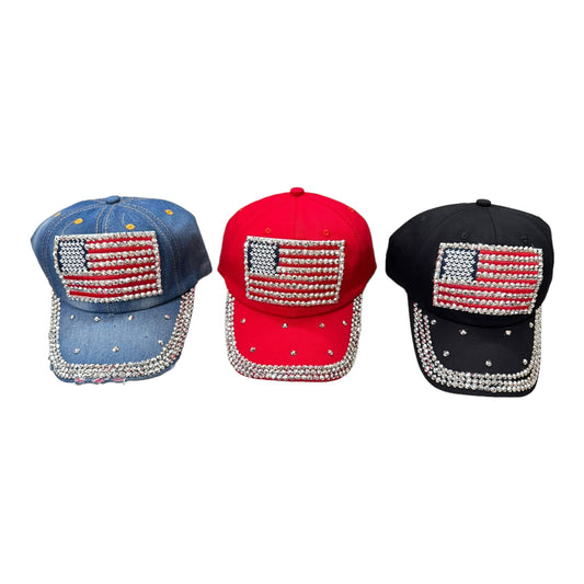 Custom American Flag Logo USA Diamond Rhinestone Baseball  Cap 4418-2 (12PC)