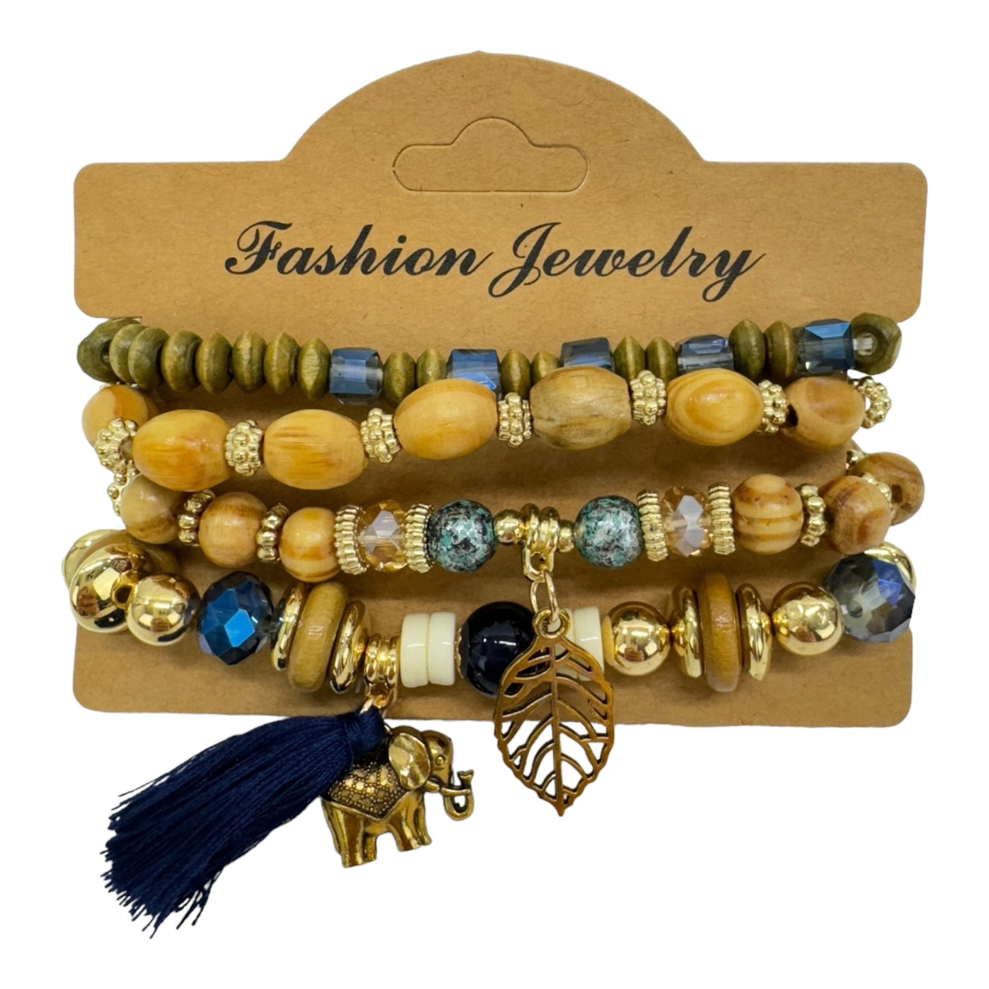 Natural Stone Leaf Elephant Charm Bracelet Set BR4228-6 (12PC)
