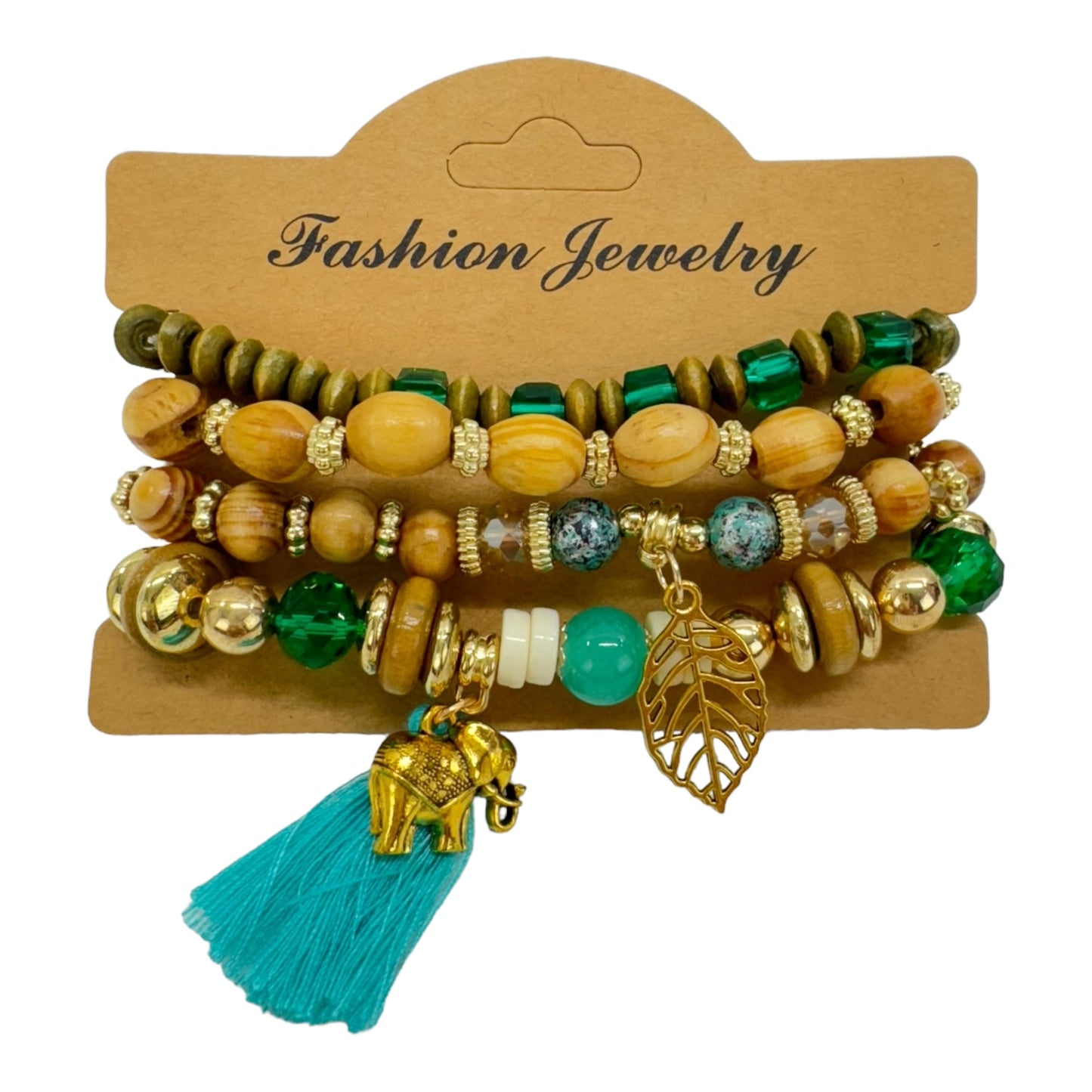 Natural Stone Leaf Elephant Charm Bracelet Set BR4228-6 (12PC)