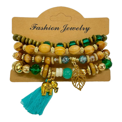 Natural Stone Leaf Elephant Charm Bracelet Set BR4228-6 (12PC)
