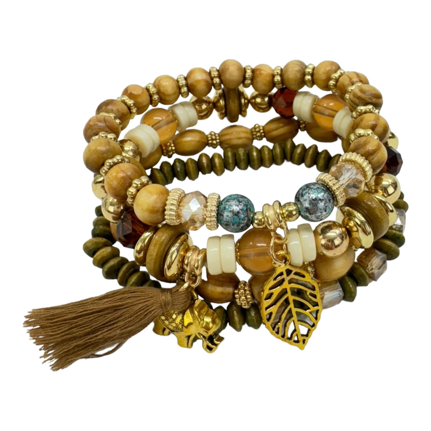 Natural Stone Leaf Elephant Charm Bracelet Set BR4228-6 (12PC)