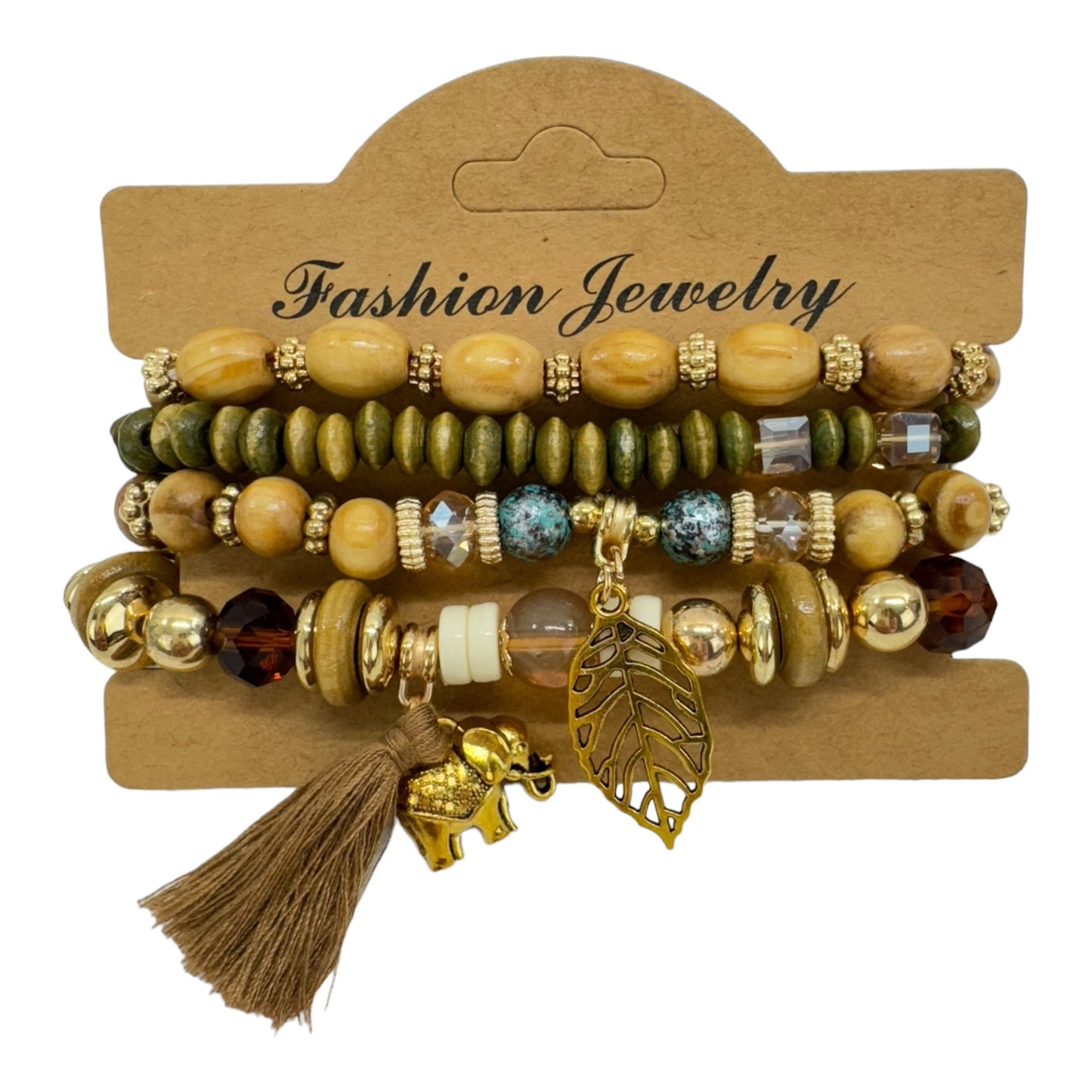 Natural Stone Leaf Elephant Charm Bracelet Set BR4228-6 (12PC)