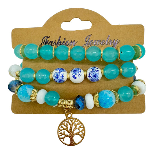 Natural Stone the Tree of Life Charm Bracelet Set BR4228-11. (12PC)