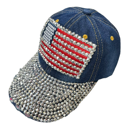 Custom American US Flag Logo USA Diamond Rhinestone Cap HA4418-3 (12PC)