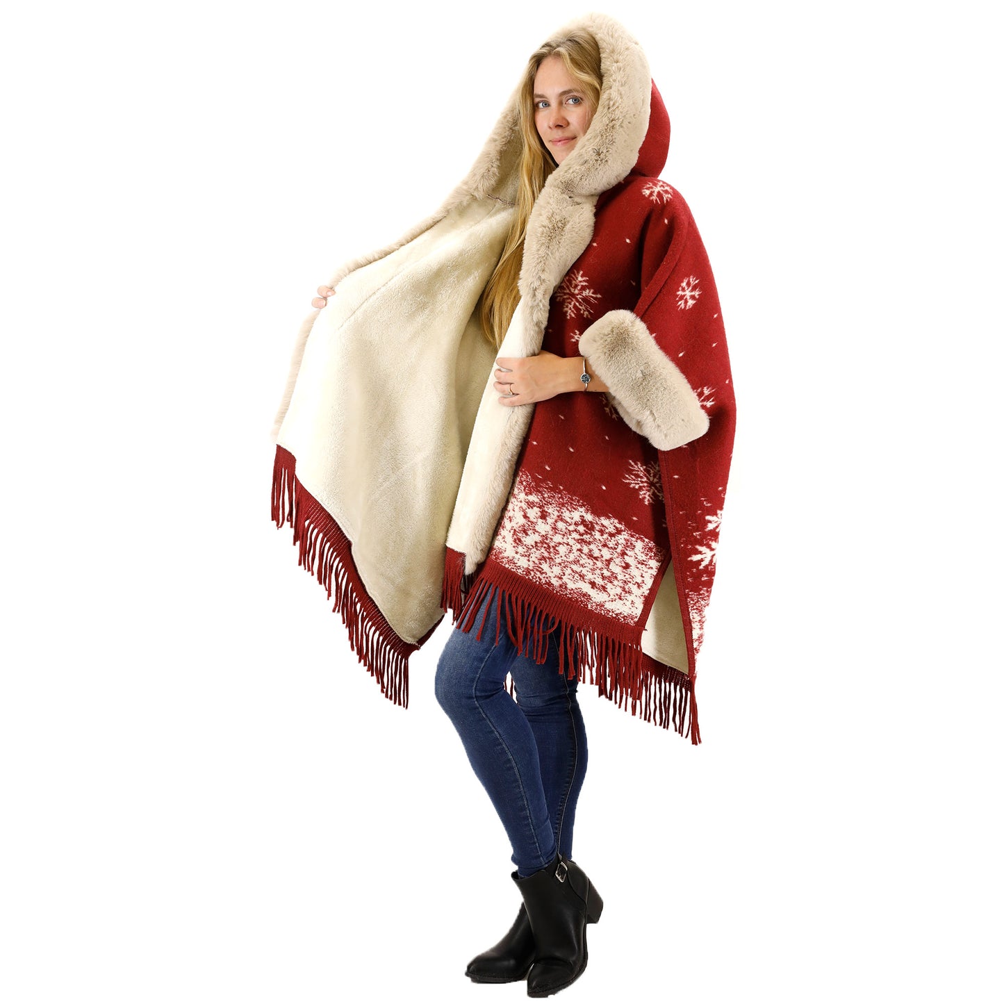 FAUX FUR SNOW PATTERN HOODIE SHAWL P3804 (3PC)