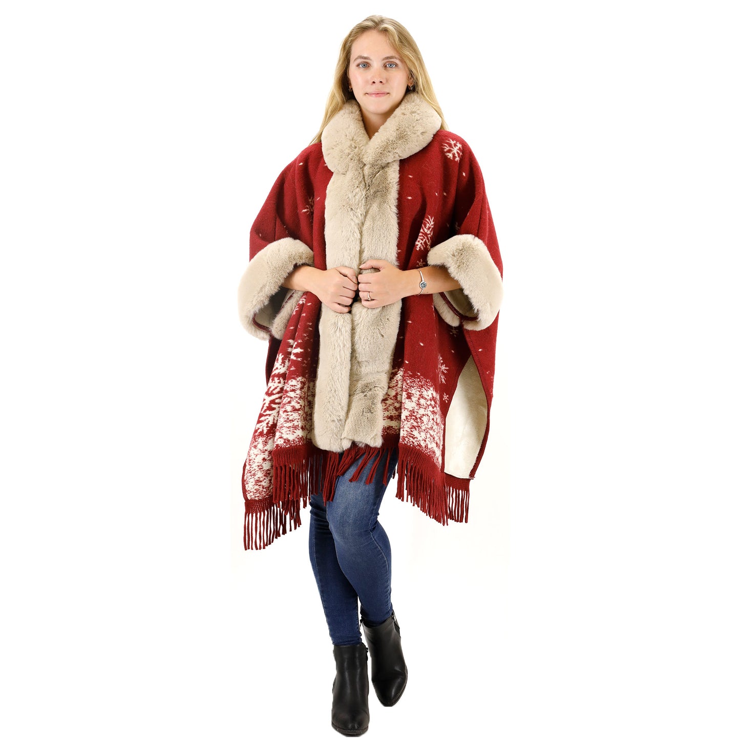 FAUX FUR SNOW PATTERN HOODIE SHAWL P3804 (3PC)