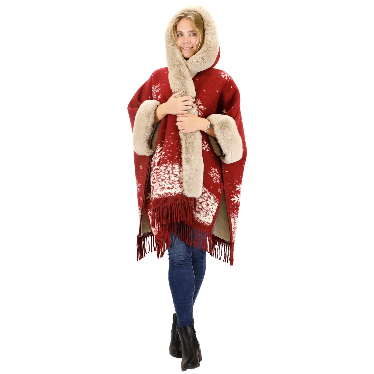 FAUX FUR SNOW PATTERN HOODIE SHAWL P3804 (3PC)