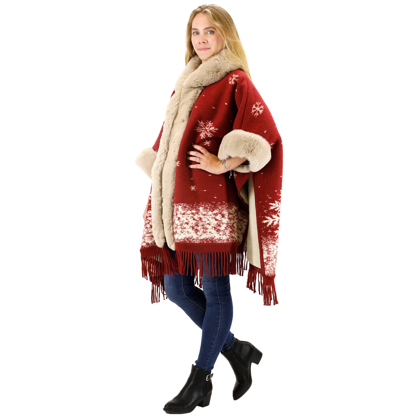 FAUX FUR SNOW PATTERN HOODIE SHAWL P3804 (3PC)