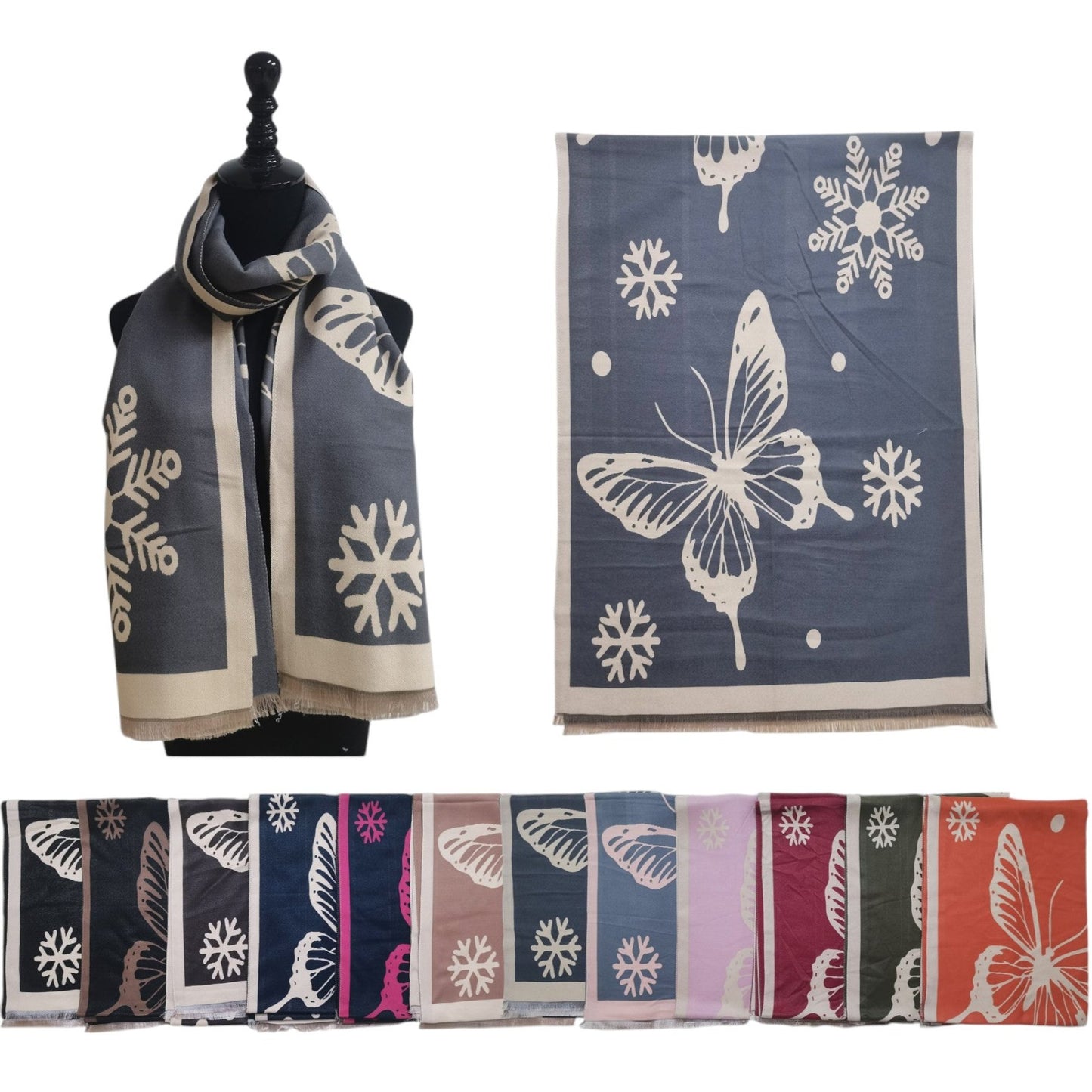 Cashmere Feel Scarves Butterfly With Snowflake SCF4902-2(12PC)