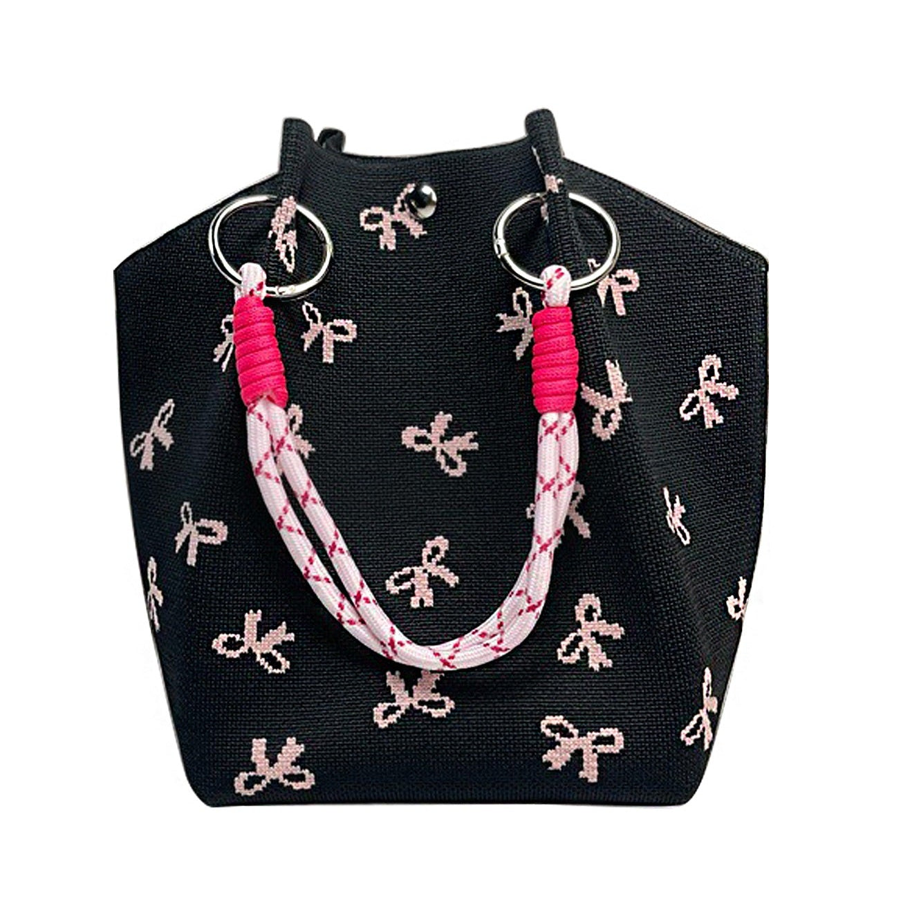 Pink Ribbon Pattern Cord Strap Knitted Tote Bag BG6313-4.(3PC)