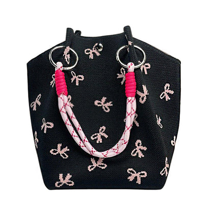 Pink Ribbon Pattern Cord Strap Knitted Tote Bag BG6313-4.(3PC)