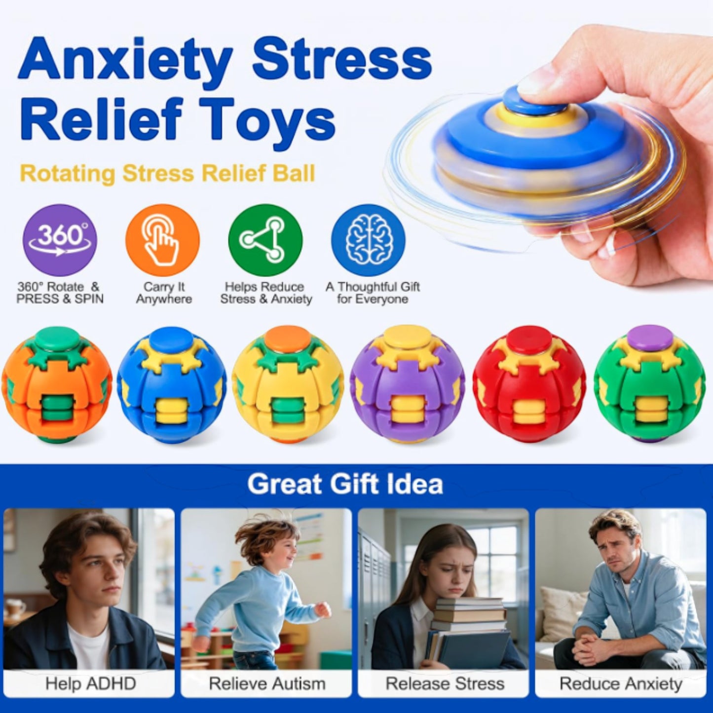Press to Spin Fidget Spinner HelixCore Rotating Stress Ball Fidget Toy JT6723-2  (12PC)