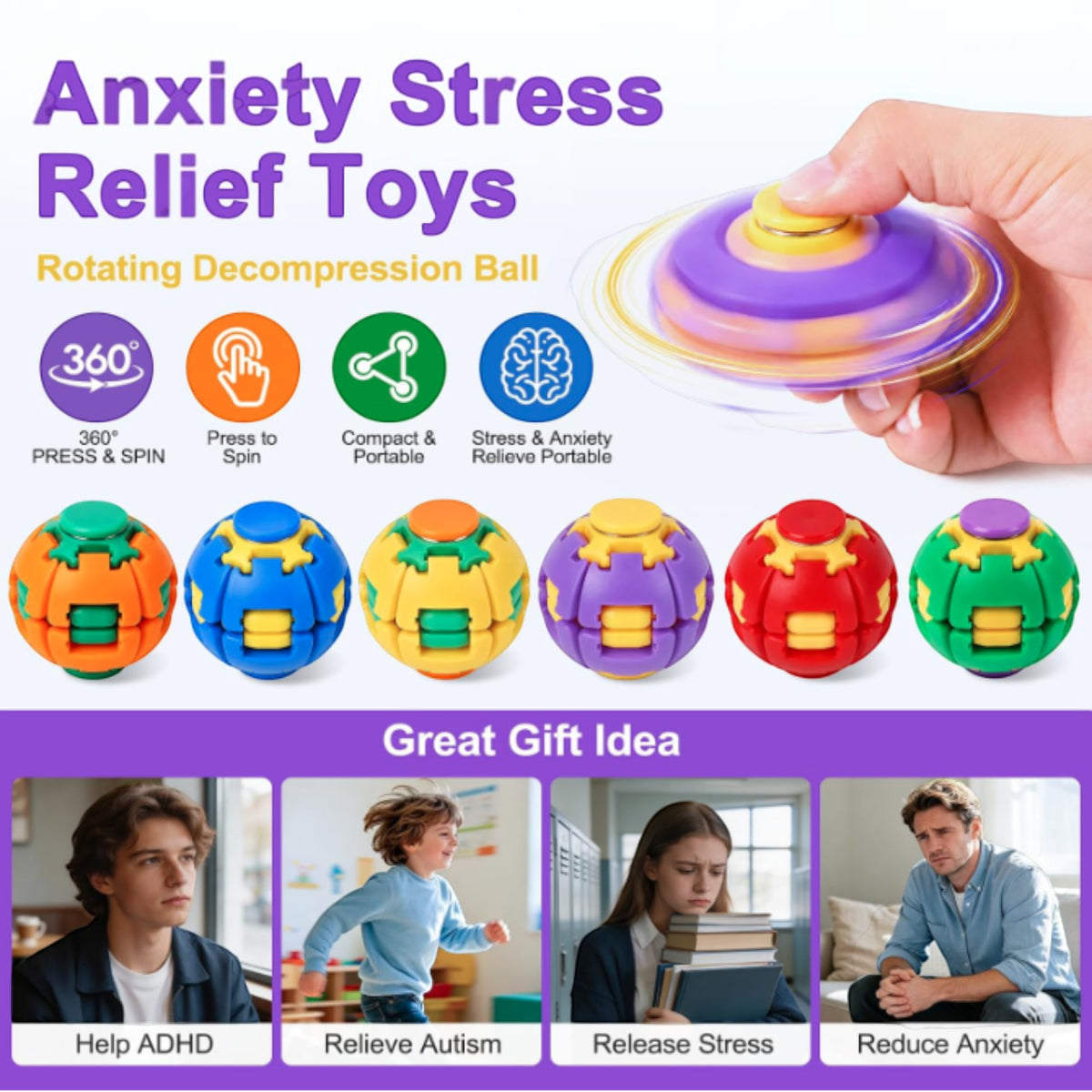 Press to Spin Fidget Spinner HelixCore Rotating Stress Ball Fidget Toy SS617-1! (12PC)