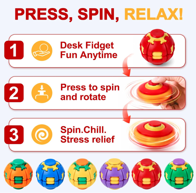 Press to Spin Fidget Spinner HelixCore Rotating Stress Ball Fidget Toy JT6723-5 (24PC)