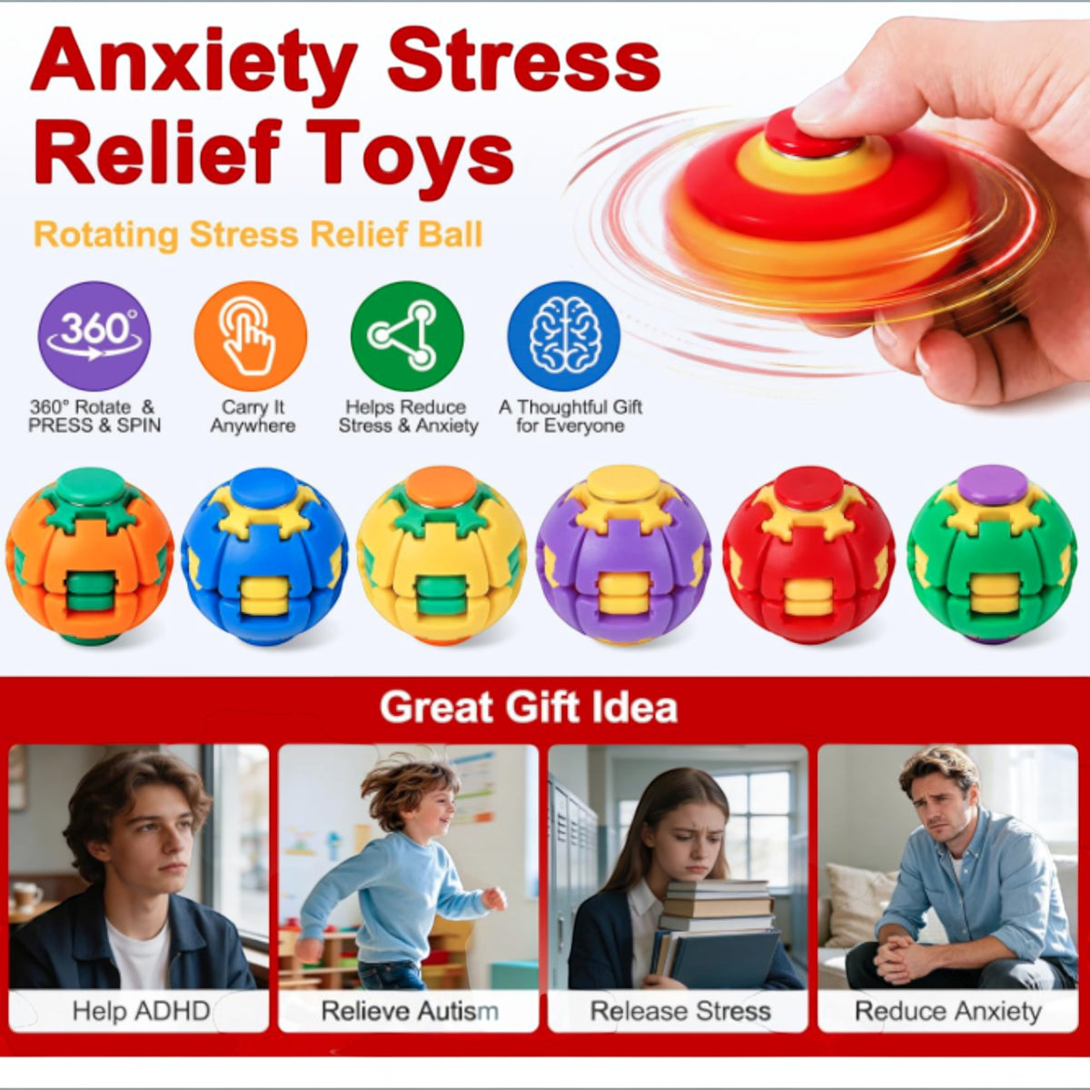 Press to Spin Fidget Spinner HelixCore Rotating Stress Ball Fidget Toy JT6723-5. (24PC)