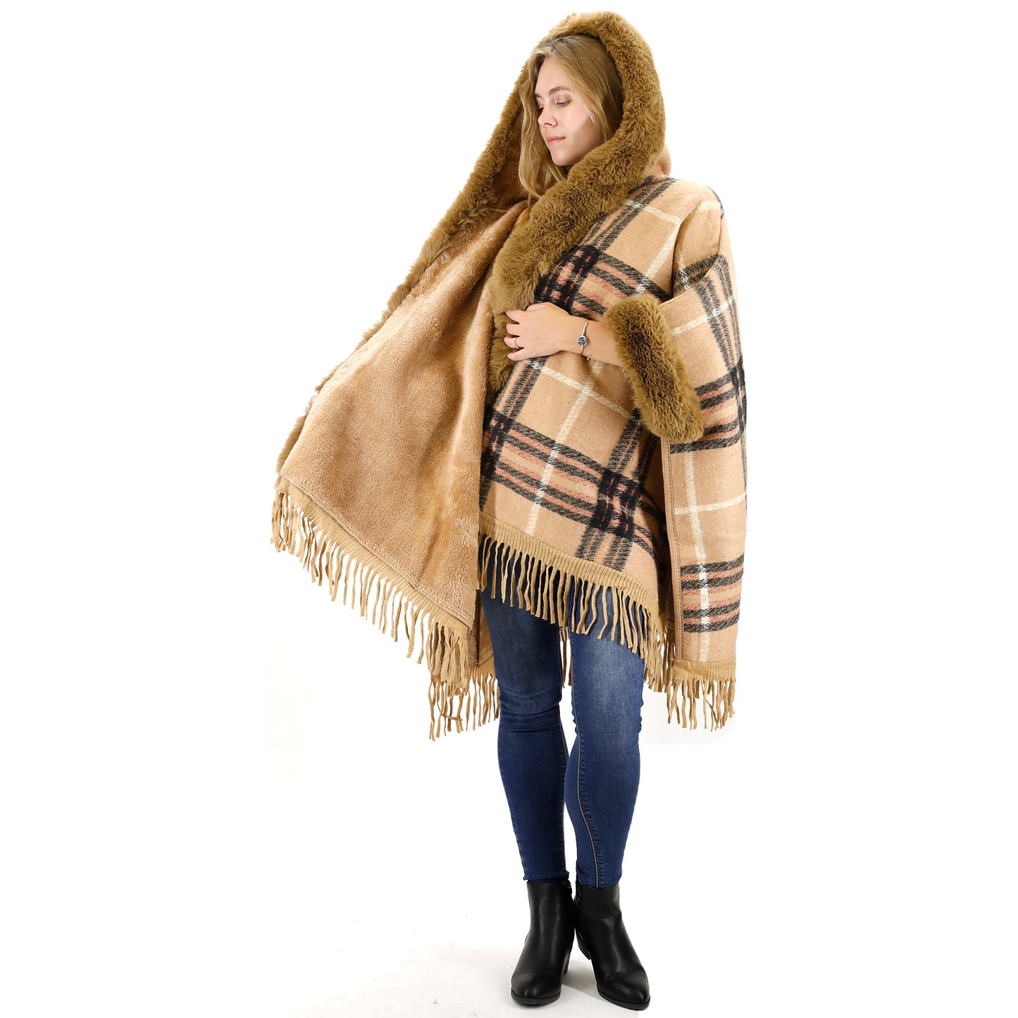 FAUX FUR PLAID PATTERN HOODIE SHAWL P3805 (3PC)