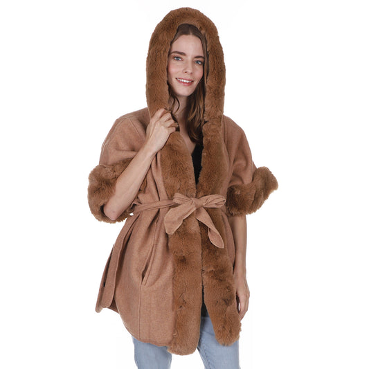 FAUX FUR HOODIE SHAWL P3802 (3PC)