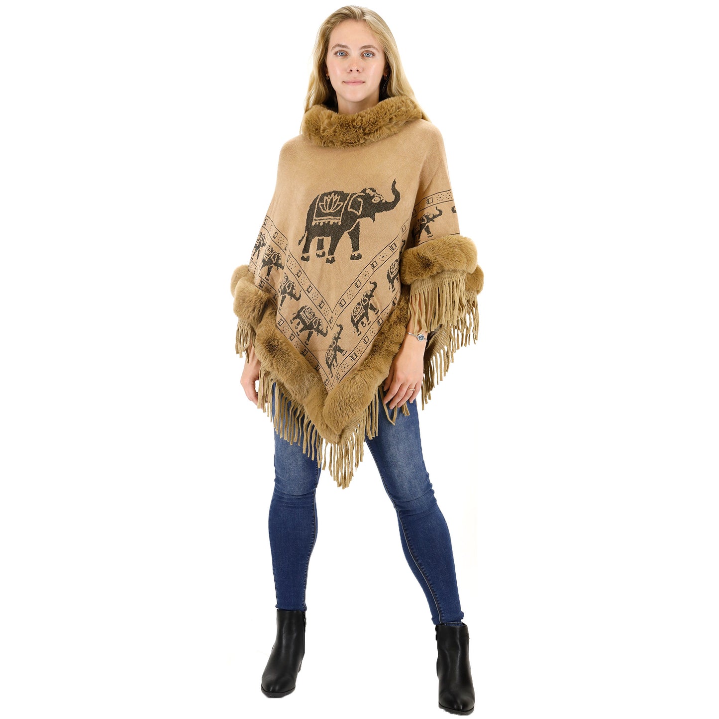 Elephant Pattern Fur Fringed Poncho P191 (12PC)