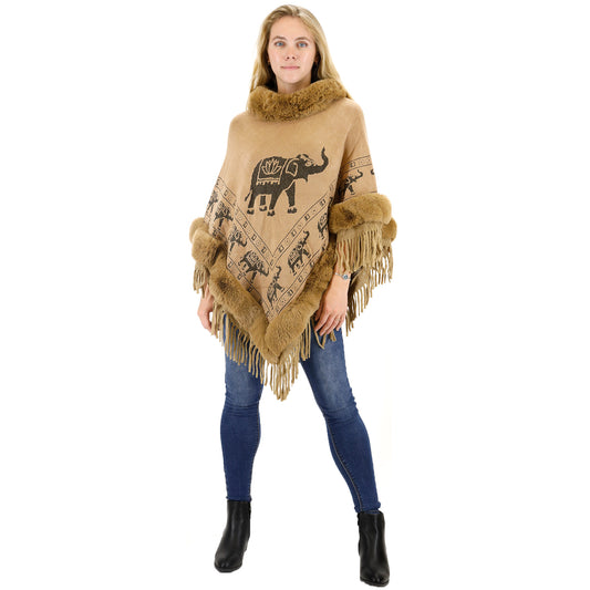 Elephant Pattern Fur Fringed Poncho P191 (12PC)