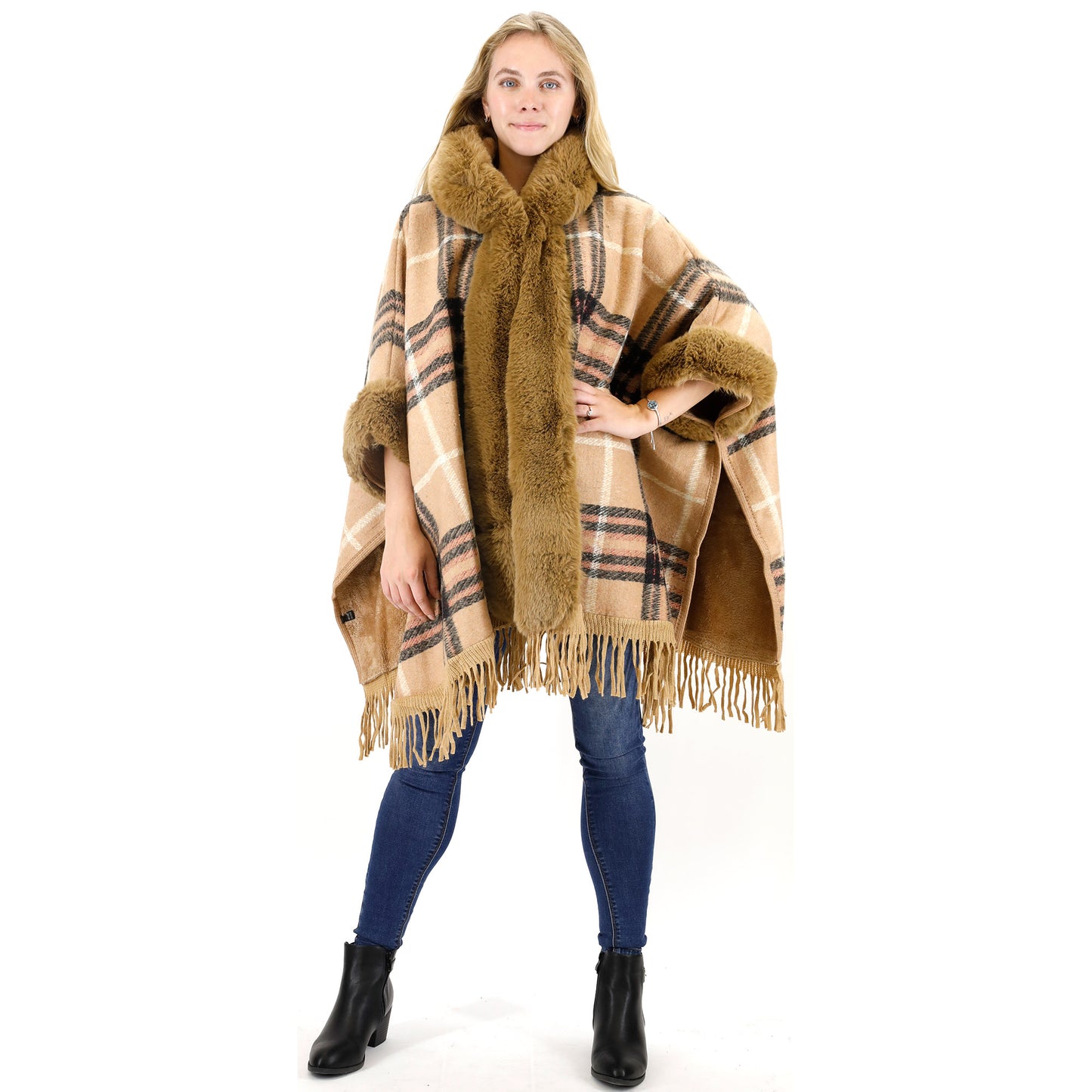 FAUX FUR PLAID PATTERN HOODIE SHAWL P3805 (3PC)