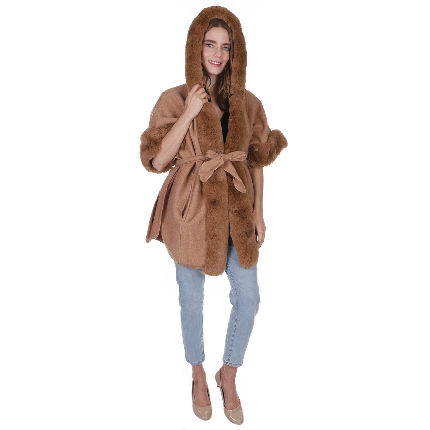 FAUX FUR HOODIE SHAWL P3802 (3PC)