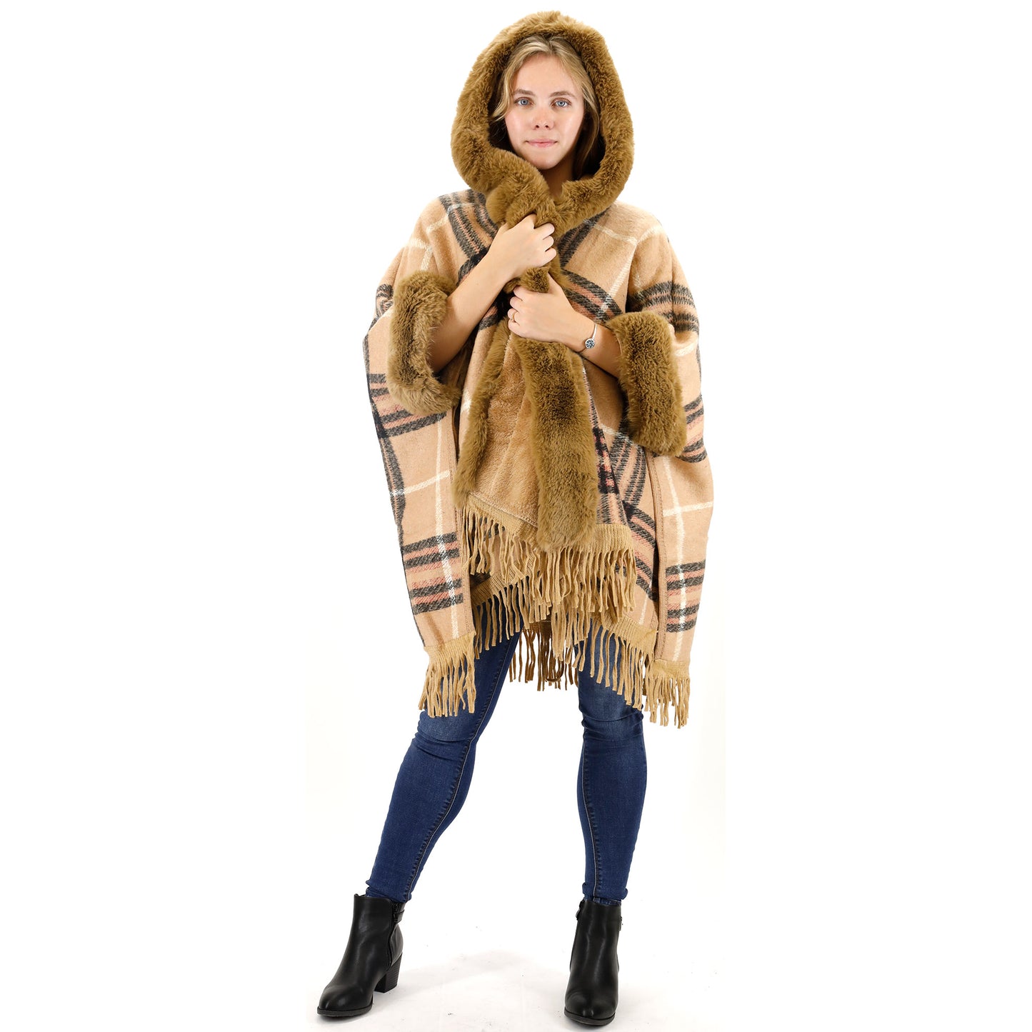 FAUX FUR PLAID PATTERN HOODIE SHAWL P3805 (3PC)