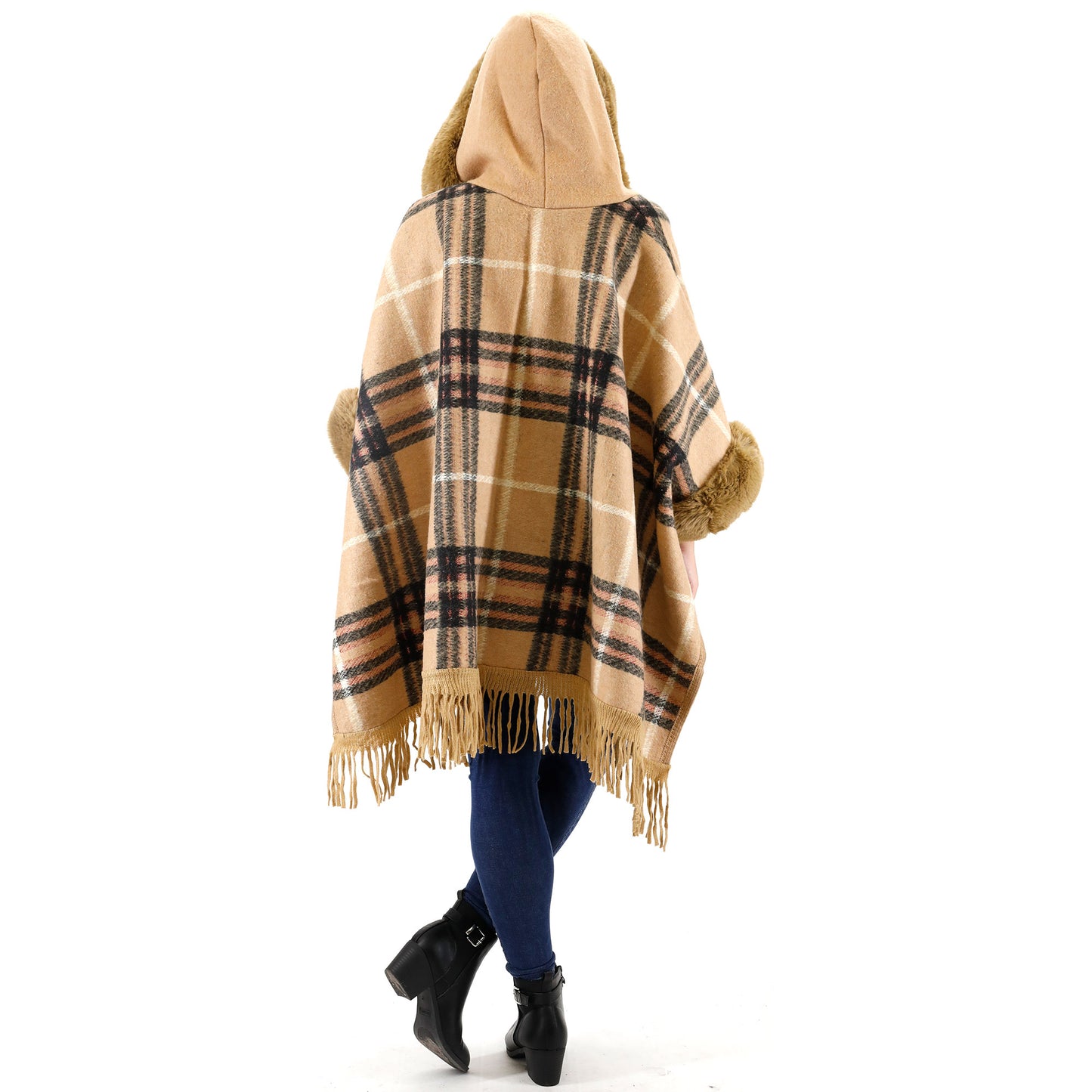 FAUX FUR PLAID PATTERN HOODIE SHAWL P3805 (3PC)