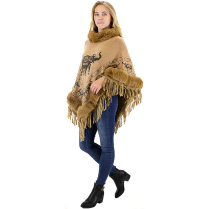 Elephant Pattern Fur Fringed Poncho P191 (12PC)
