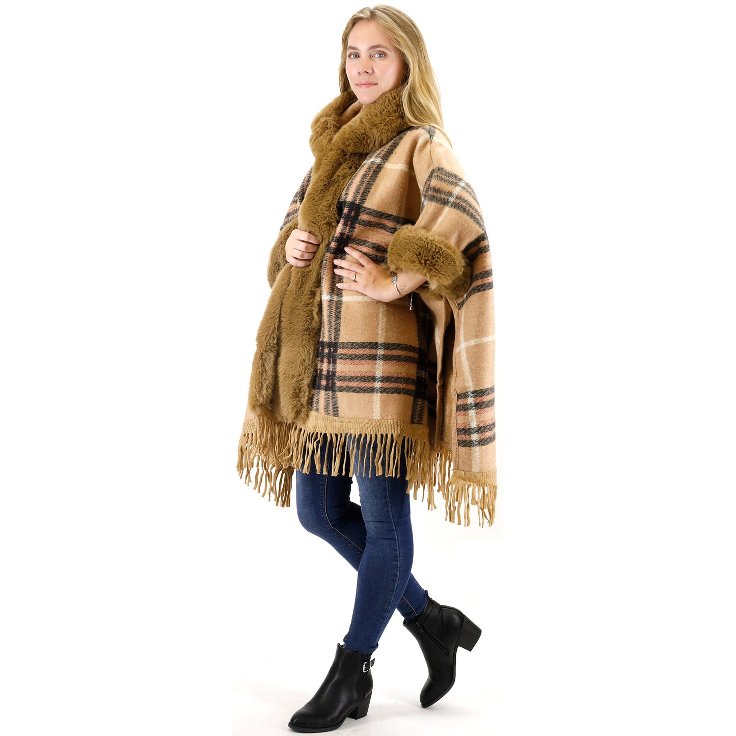 FAUX FUR PLAID PATTERN HOODIE SHAWL P3805 (3PC)