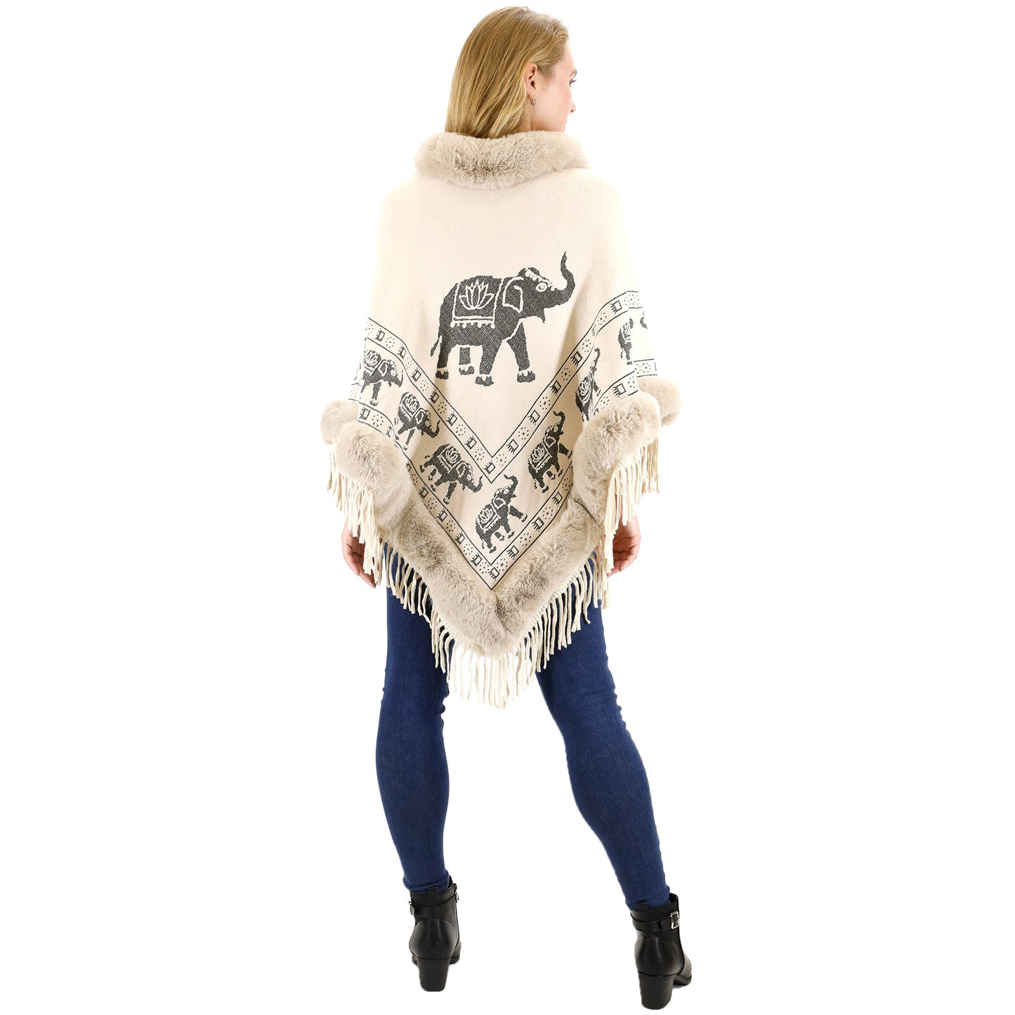 Elephant Pattern Fur Fringed Poncho P191 (12PC)