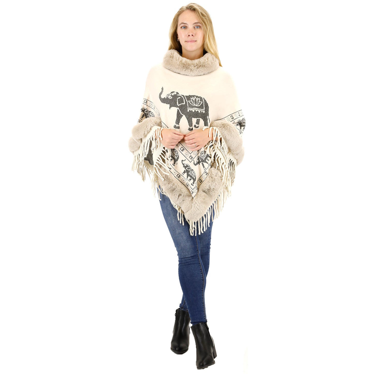 Elephant Pattern Fur Fringed Poncho P191 (12PC)