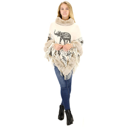 Elephant Pattern Fur Fringed Poncho P191 (12PC)